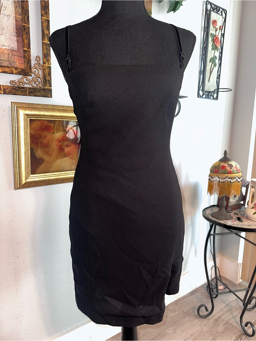 Vtg 90s Laundry By Shelli Segal Black Mini Dress with Slit, Zipper
